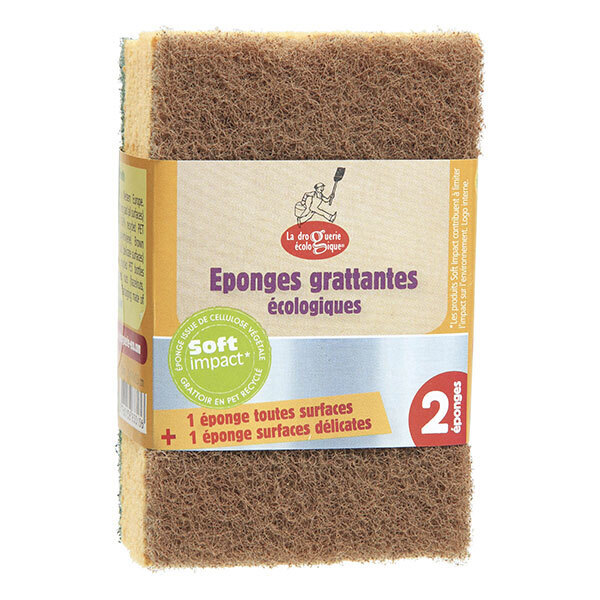 Lot de 2 éponges grattantes fibres recyclées verte et marron - La droguerie écologique